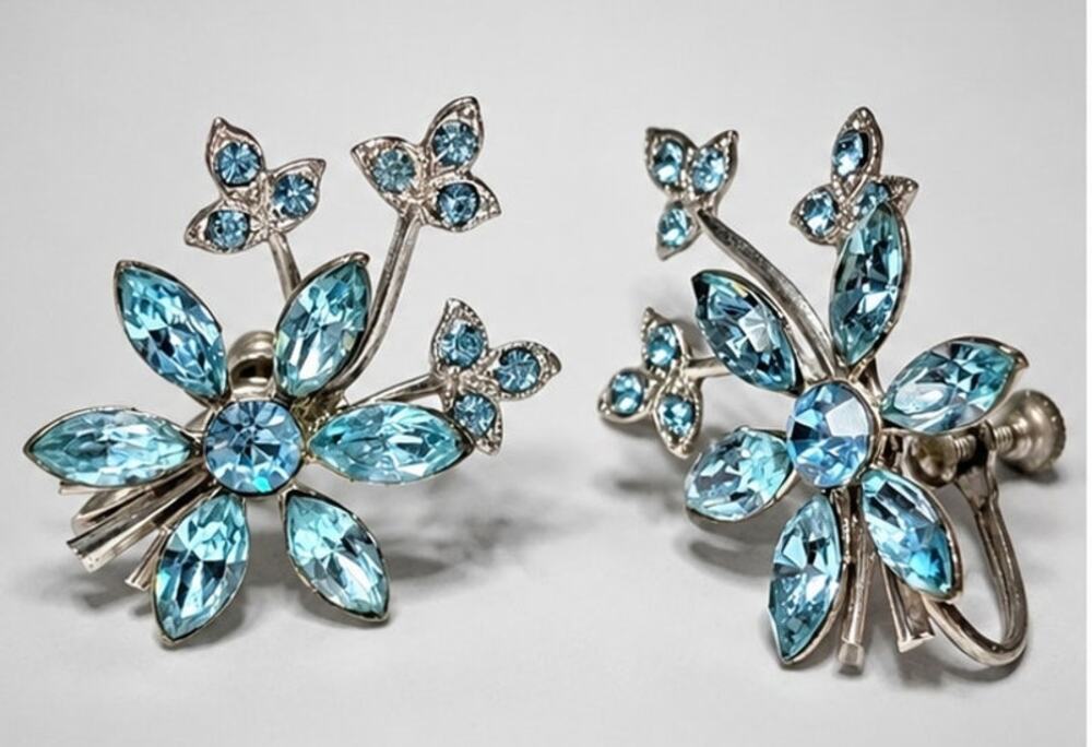 Floral Blue Rhinestone Screw Back Earrings 1.25" Ear Climbers Silver-tone sb-17